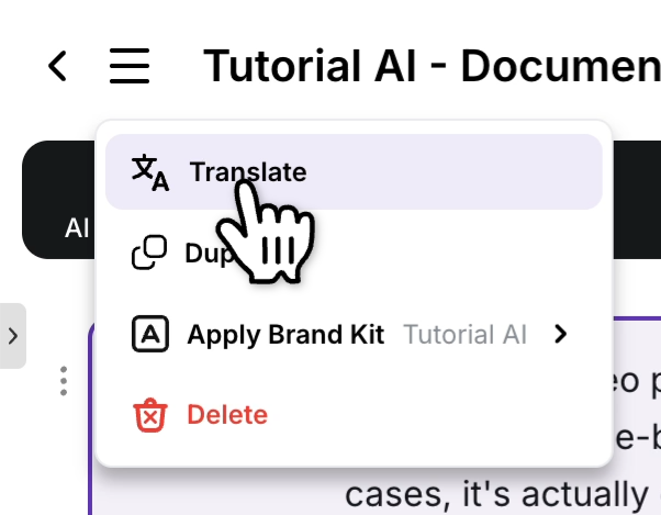 Translate option in the project editor's menu