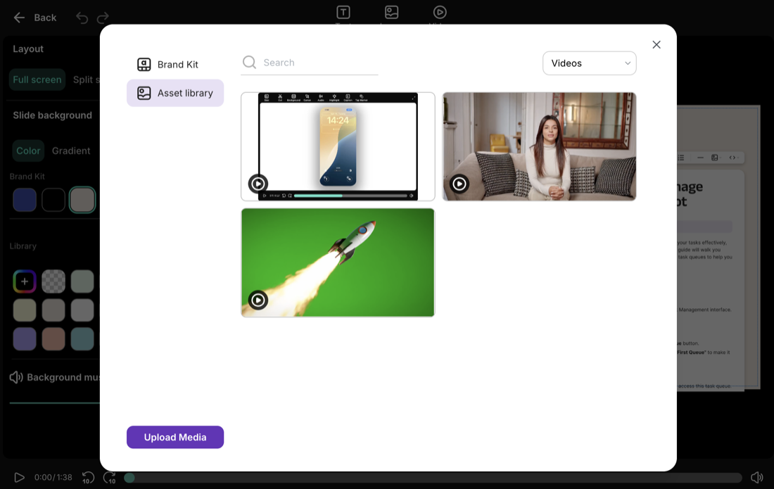 Upload media modal inside the Asset Library