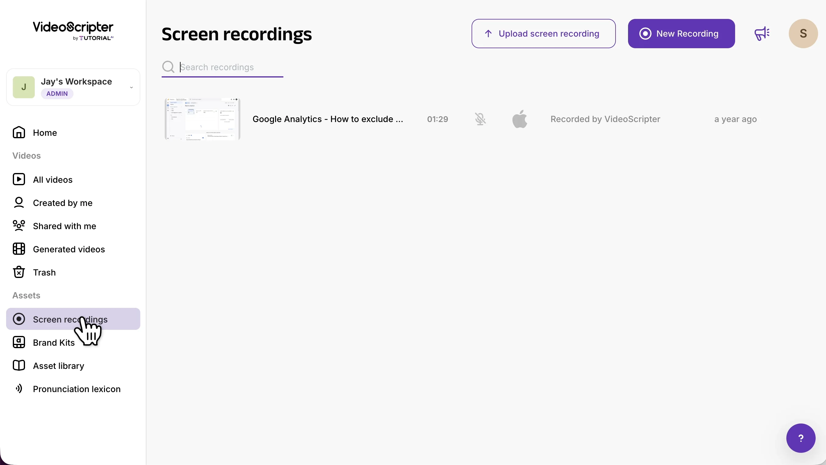 Screen Recordings section in the sidebar with the Upload screen recording button visible in the top right