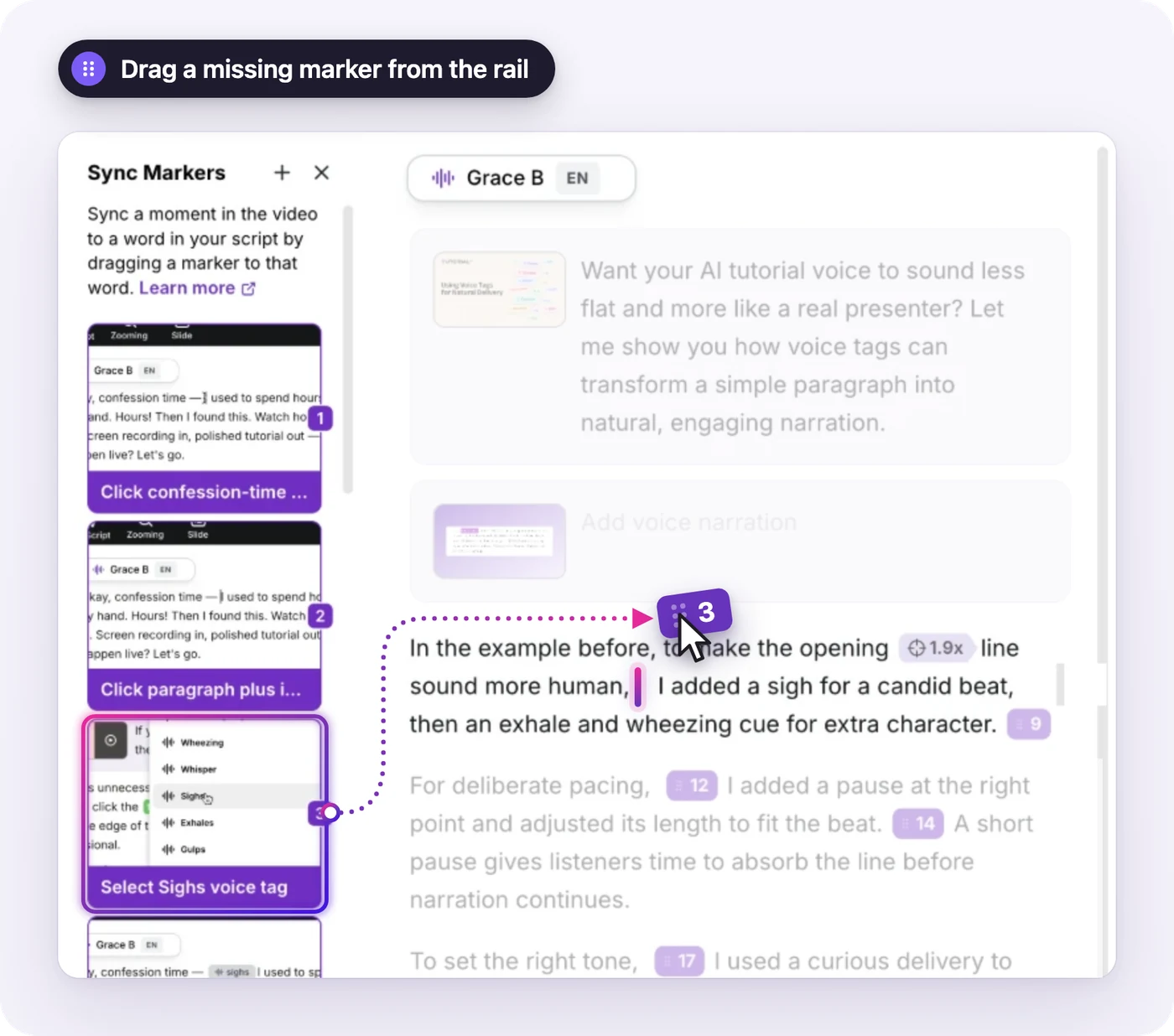 The Sync Marker Rail open next to the script. Marker 3, Select Sighs voice tag, is being dragged from the rail into the narration right after the words sound more human, while the rest of the script is greyed out