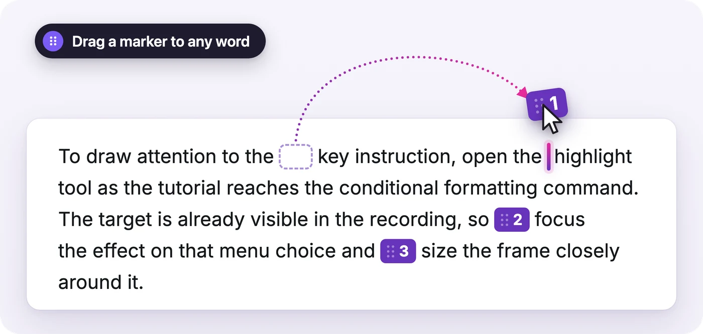 Sync Marker 1 being dragged from between the words the and key, leaving an empty slot, to a drop point right before the word highlight on the same line
