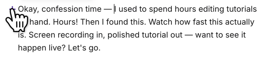 Narration sentence with the text cursor positioned at the start and the + button visible to its left