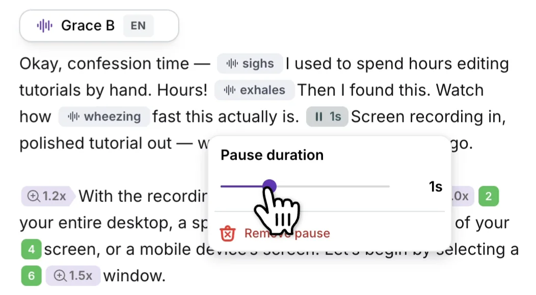 Narration with sighs, exhales, wheezing, and a 1s pause tag inline, with the pause-duration slider open