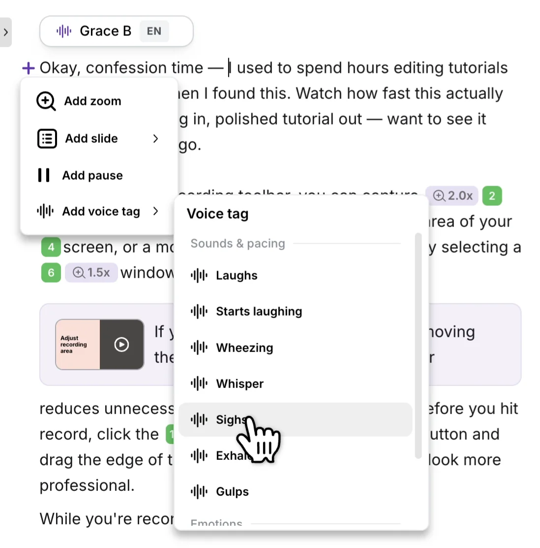 Context menu with Add zoom, Add slide, Add pause, and Add voice tag options, and the Voice tag submenu showing Sounds & pacing items
