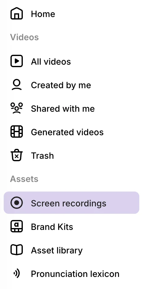 Screen recordings link in the Assets section of the Tutorial AI app sidebar