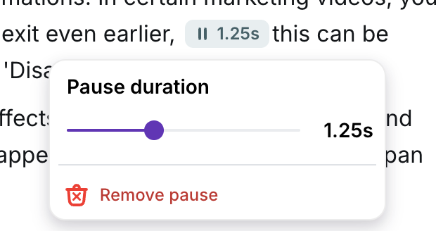 Pause-duration slider showing 1.25 seconds and a Remove pause action