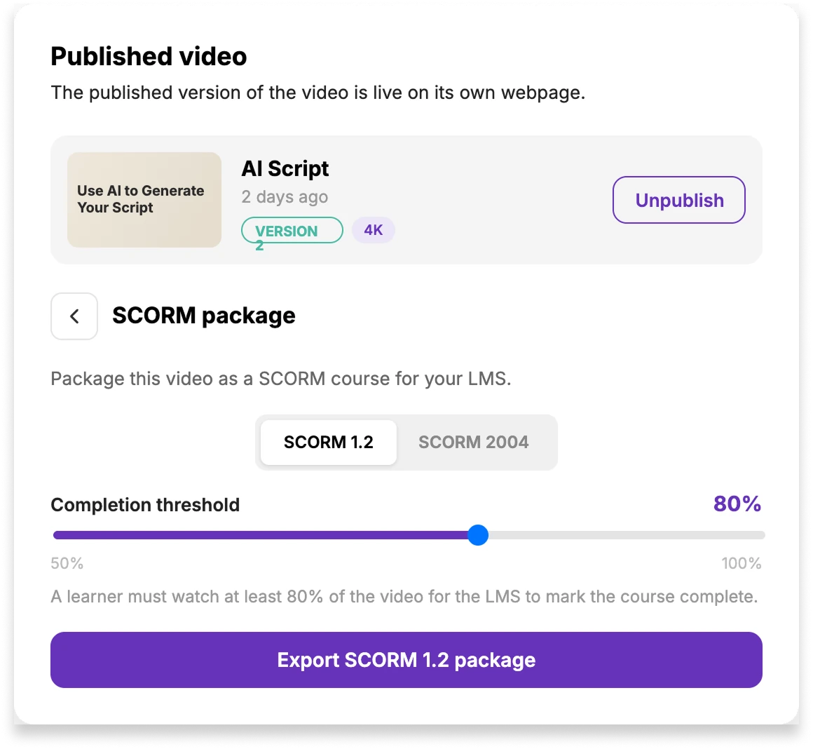 Tutorial AI SCORM export panel — SCORM 1.2 selected, completion threshold at 80%, ready to export
